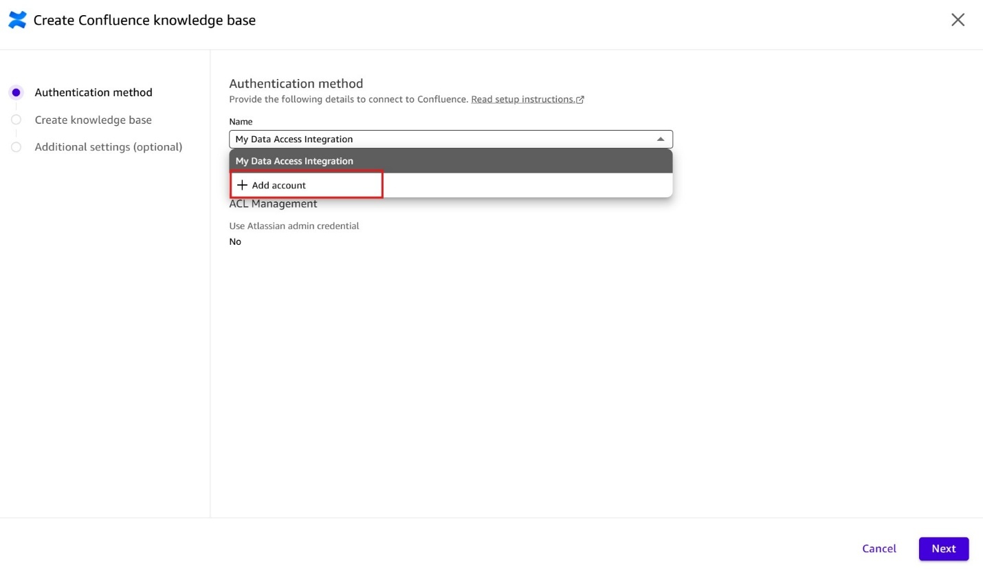 Screenshot of the 'Create Confluence knowledge base' wizard dialog in Amazon Quick, showing Step 1: Authentication method. A dropdown menu labeled 'Name' displays 'My Data Access Integration' as the currently selected option, with an '+ Add account' option highlighted in a red box below it. The left panel shows a three-step wizard: Authentication method (active), Create knowledge base, and Additional settings. This image demonstrates how to select or add a Confluence data access integration account.