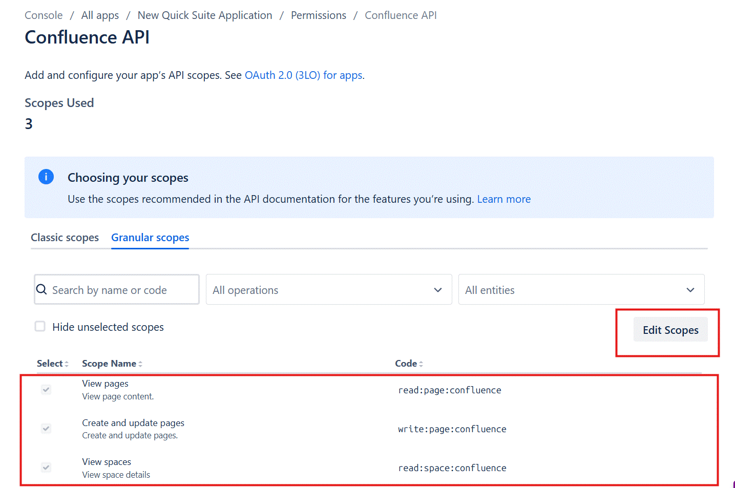 Screenshot of the Confluence API granular scopes configuration page in the Atlassian Developer Console showing 'Scopes Used: 3'. The page shows a 'Granular scopes' tab (active) with search and filter options. An 'Edit Scopes' button is highlighted in the top-right corner (red border). Three scopes are checked (highlighted with red border): 'View pages' (read:page:confluence), 'Create and update pages' (write:page:confluence), and 'View spaces' (read:space:confluence). This image demonstrates the minimum Confluence API scopes needed for Amazon Quick page management and knowledge base access.