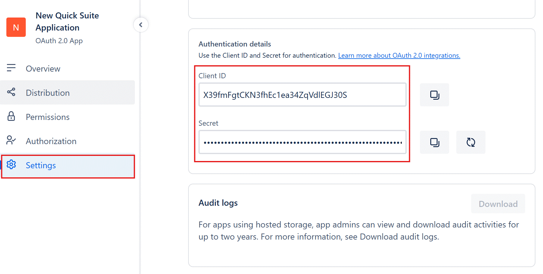 Screenshot of the Settings page in the Atlassian Developer Console for the 'New Quick Suite Application' OAuth 2.0 app. The Authentication details section (highlighted with a red border) shows a Client ID field displaying 'X39fmFgtCKN3fhEc1ea34ZqVdlEGJ30S' with a copy button, and a Secret field with the value masked as dots, with copy and refresh buttons. An Audit logs section with a Download button is also visible. The Settings item is highlighted in the left navigation sidebar. This image shows where to retrieve the OAuth credentials needed to configure the Amazon Quick Confluence connector.