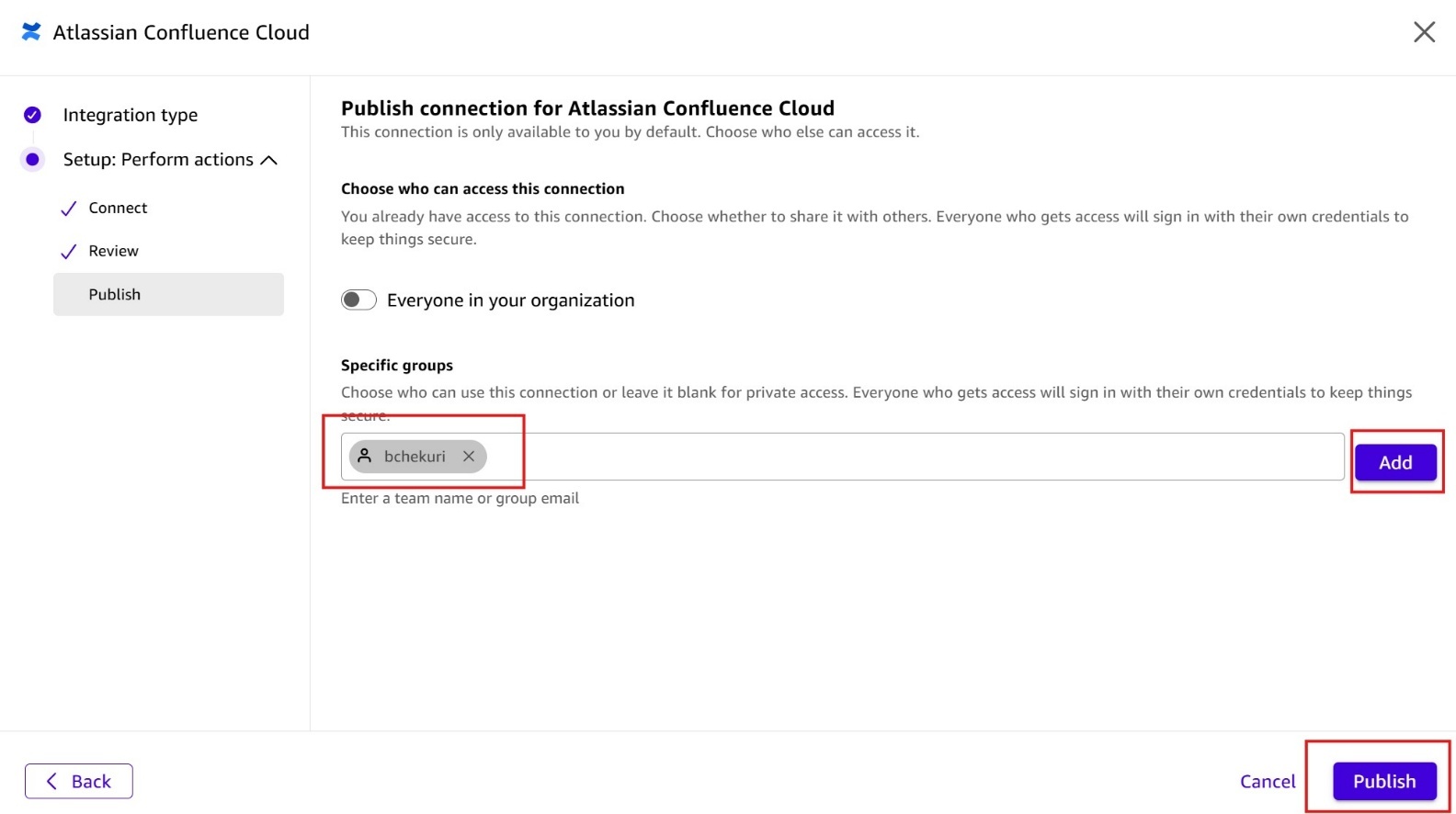 Screenshot of the 'Publish connection for Atlassian Confluence Cloud' step in Amazon Quick's connector setup wizard. The page shows options to choose who can access the connection — 'Everyone in your organization' toggle (off) or 'Specific groups'. A specific user 'bchekuri' is shown as an added member (highlighted with red border). An 'Add' button is also highlighted with a red border for adding more users. A 'Publish' button (highlighted) is visible at the bottom-right. This image demonstrates how to configure sharing permissions when publishing a Confluence connector in Amazon Quick.