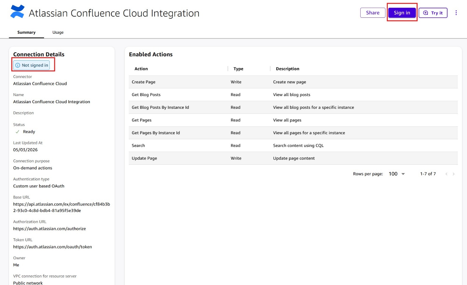 Screenshot of the 'Atlassian Confluence Cloud Integration' connector detail page in Amazon Quick. The Connection Details panel shows Status: Ready, Last Updated At: 05/03/2026, Connection purpose: On-demand actions, Authentication type: Custom user based OAuth, Base URL (Atlassian API URL), Authorization URL, and Token URL. A 'Not signed in' status indicator is highlighted in a red border under Connection Details. The Enabled Actions table lists 7 actions. 'Sign in' (highlighted with red border) and 'Try it' buttons are visible at the top-right. This image shows the connector is configured but requires the user to sign in with their Atlassian credentials.