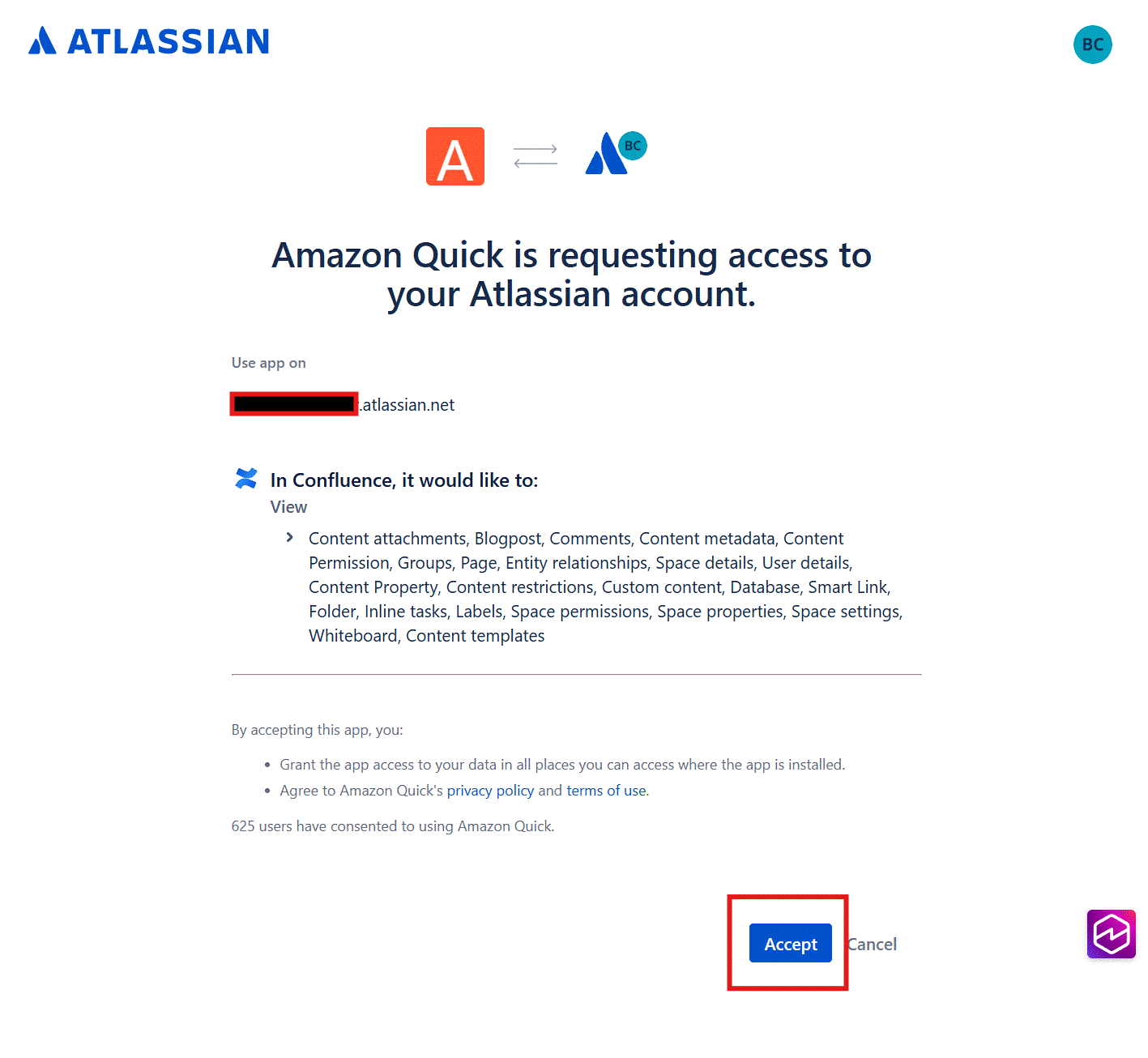 Screenshot of the Atlassian OAuth authorization consent screen requesting access to a user's Atlassian account on behalf of Amazon Quick. The screen displays the Amazon Quick app icon connected to the Atlassian logo, a list of Confluence permissions being requested (including content attachments, blog posts, comments, space details, user details, and more), and an 'Accept' button highlighted with a red border. This image illustrates the OAuth permission grant flow for connecting Amazon Quick to Atlassian Confluence.