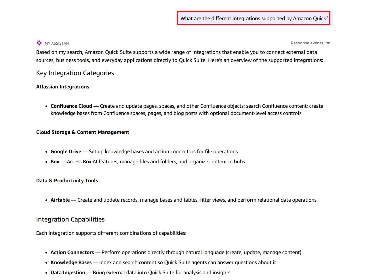 Screenshot of an Amazon Quick AI assistant conversation where the user asks 'What are the different integrations supported by Amazon Quick?' (highlighted with a red border). The AI response lists Key Integration Categories including Atlassian Integrations (Confluence Cloud), Cloud Storage & Content Management (Google Drive, Box), and Data & Productivity Tools (Airtable). It also describes Integration Capabilities covering Action Connectors, Knowledge Bases, and Data Ingestion. This image demonstrates Amazon Quick's ability to answer product questions using knowledge from a connected Confluence knowledge base.
