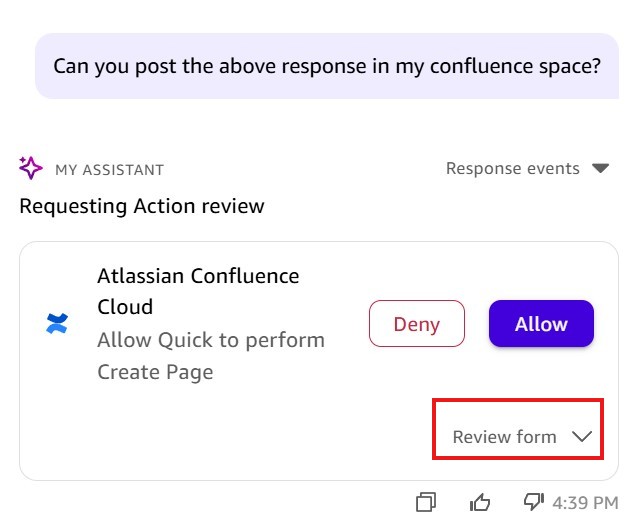 Screenshot of an Amazon Quick 'Requesting Action review' dialog for creating a Confluence page. The dialog shows the Atlassian Confluence Cloud app icon with the message 'Allow Quick to perform Create Page'. Deny and Allow buttons are visible, with a 'Review form' expandable section highlighted with a red border at the bottom. This image illustrates Amazon Quick's action approval workflow before executing write operations in Confluence.