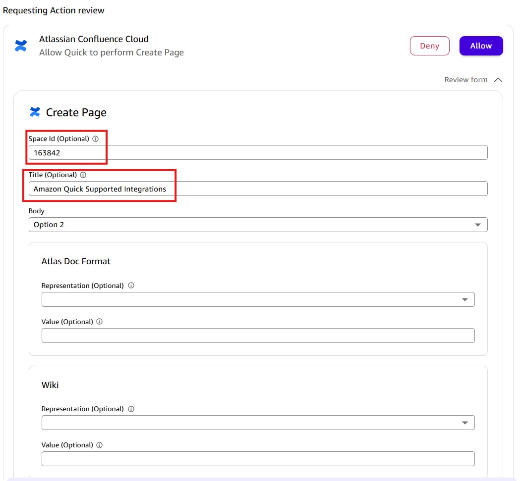 Screenshot of the expanded 'Requesting Action review' form in Amazon Quick for the Atlassian Confluence Cloud 'Create Page' action. The form displays: Space Id field set to '163842' (highlighted with red border), Title field set to 'Amazon Quick Supported Integrations' (highlighted with red border), a Body dropdown set to 'Option 2' with Atlas Doc Format and Wiki format sections. Deny and Allow buttons are visible at the top. This image shows the details of a Confluence page creation request being reviewed in Amazon Quick before execution.