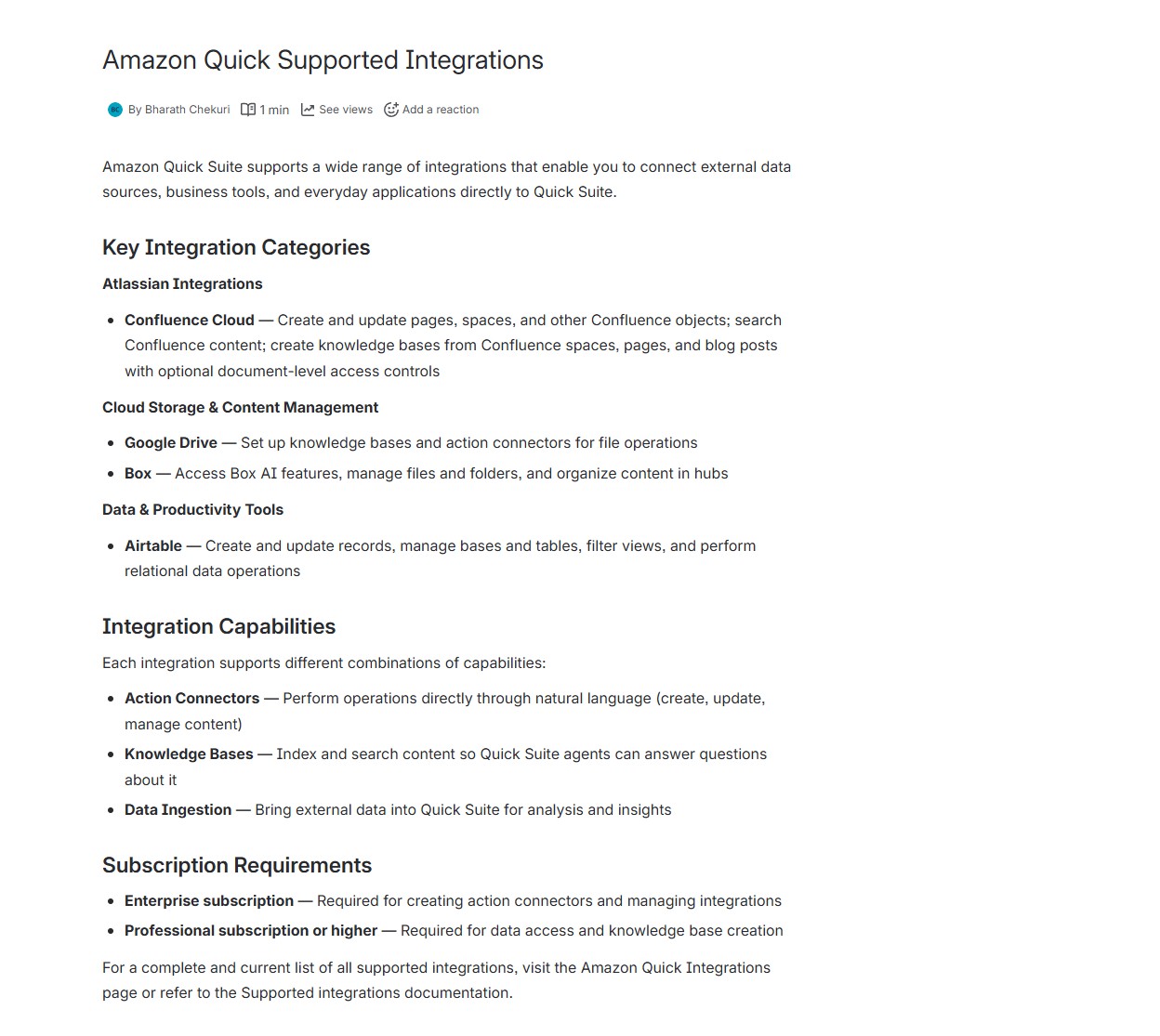 Screenshot of the newly created Confluence page titled 'Amazon Quick Supported Integrations' authored by Bharath Chekuri. The page content describes Amazon Quick Suite's integration capabilities, organized into sections: Key Integration Categories (Atlassian Integrations — Confluence Cloud, Google Drive, Box; Cloud Storage & Content Management; Data & Productivity Tools — Airtable), Integration Capabilities (Action Connectors, Knowledge Bases, Data Ingestion), and Subscription Requirements (Enterprise subscription and Professional subscription). This image demonstrates a successfully AI-generated Confluence page created via Amazon Quick's Confluence connector.