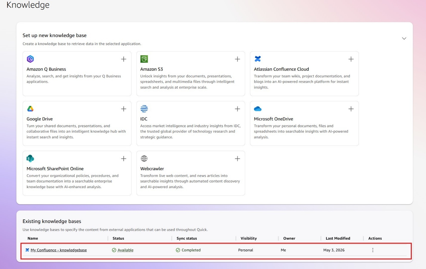 Screenshot of the Amazon Quick Knowledge page showing the expanded 'Set up new knowledge base' panel with all available connectors: Amazon Q Business, Amazon S3, Atlassian Confluence Cloud, Google Drive, IDC, Microsoft OneDrive, Microsoft SharePoint Online, and Webcrawler. Below, the 'Existing knowledge bases' section lists 'My Confluence - knowledgebase' with Status: Available, Sync status: Completed, Visibility: Personal, Owner: Me, and Last Modified: May 3, 2026 (highlighted with red border). This image shows a successfully created and synced Confluence knowledge base in Amazon Quick