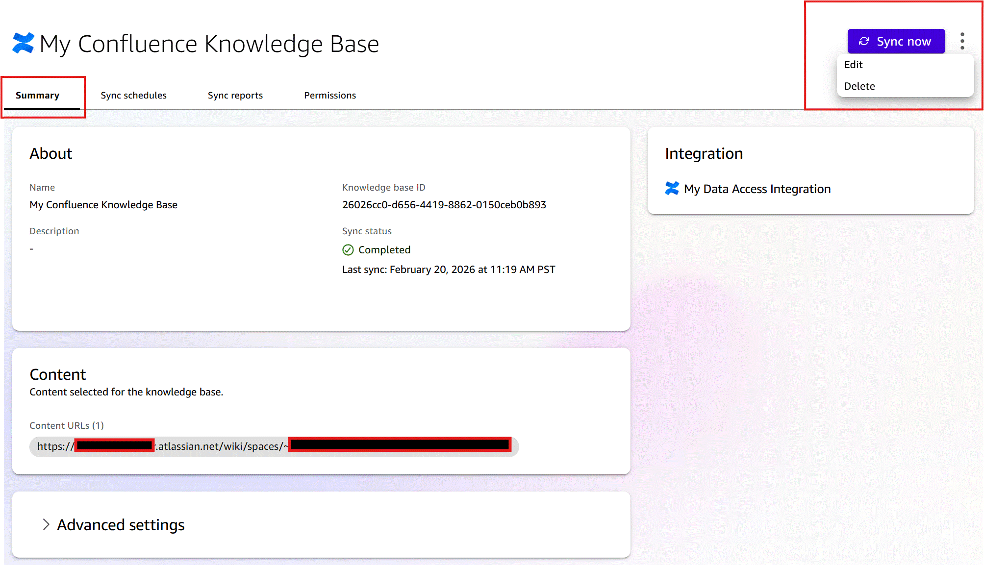 Screenshot of the 'My Confluence Knowledge Base' detail page in Amazon Quick, showing the Summary tab (highlighted with a red border). The page displays the About section with Name, Knowledge base ID, and Sync status (Completed, last sync February 20, 2026). A Content section shows the configured Confluence URL (redacted). An Advanced settings section is collapsed at the bottom. In the top-right, a 'Sync now' button and a three-dot menu showing 'Edit' and 'Delete' options are visible (highlighted). The right panel shows the linked Integration: 'My Data Access Integration'.