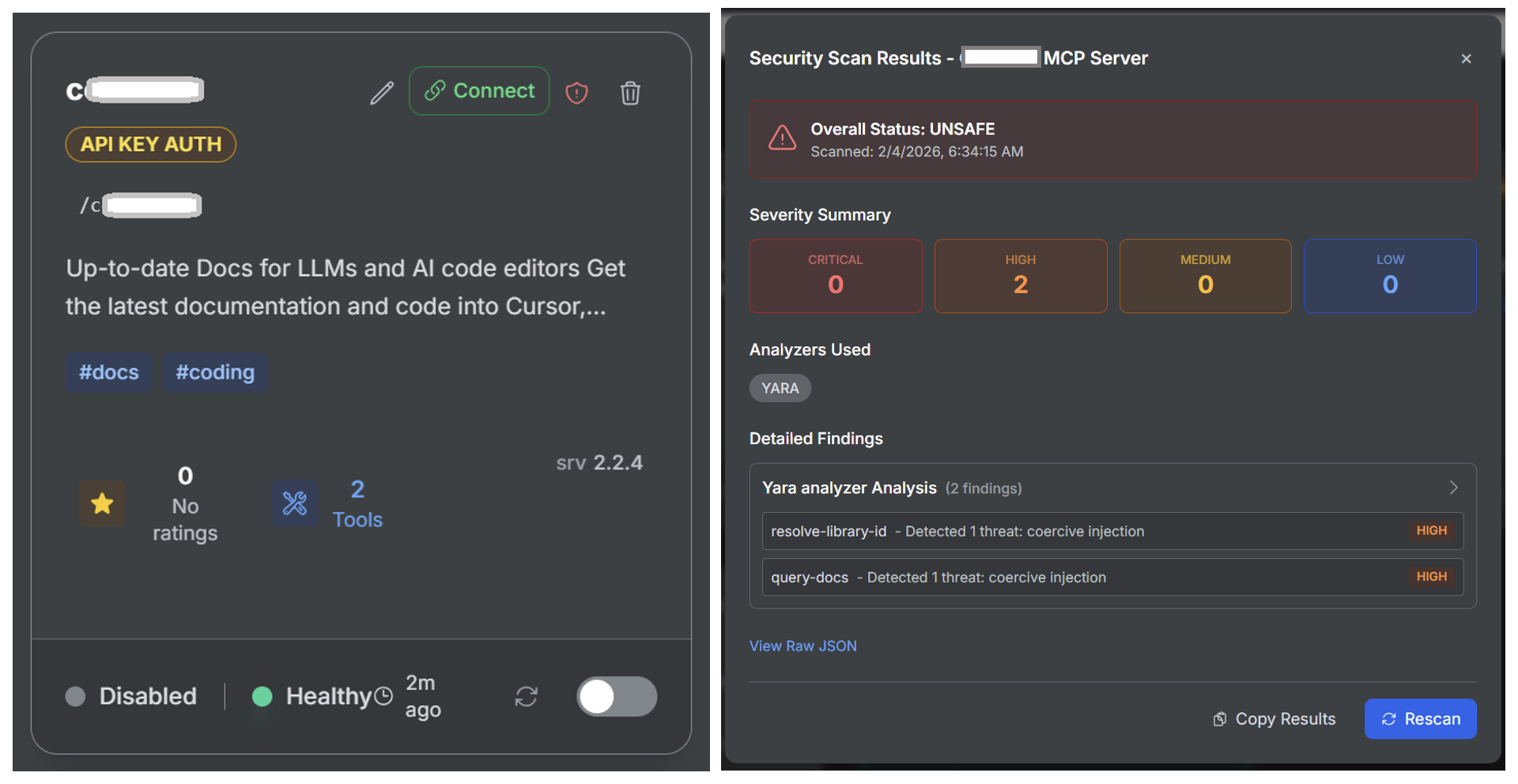 Fig 2: MCP server with security vulnerabilities were detected