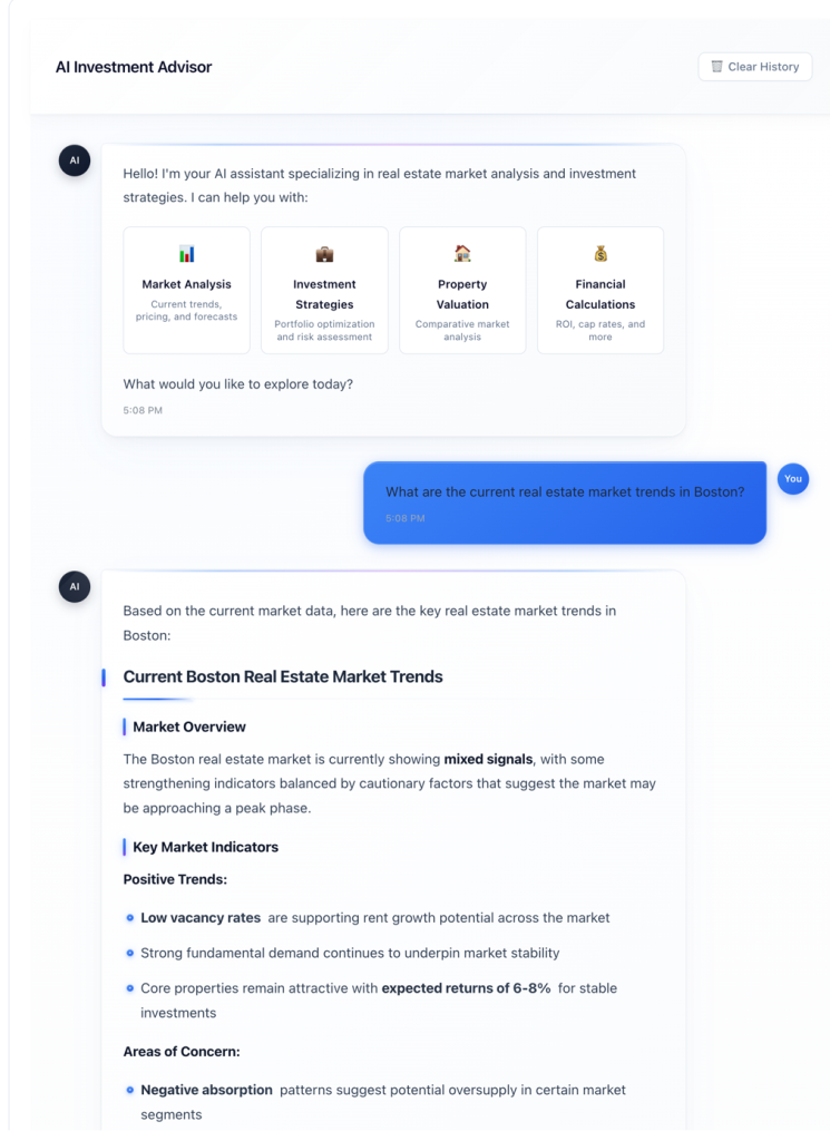 AI Investment Advisor chatbot interface showing a real estate market analysis conversation about Boston housing trends, with category cards for Market Analysis, Investment Strategies, Property Valuation, and Financial Calculations.