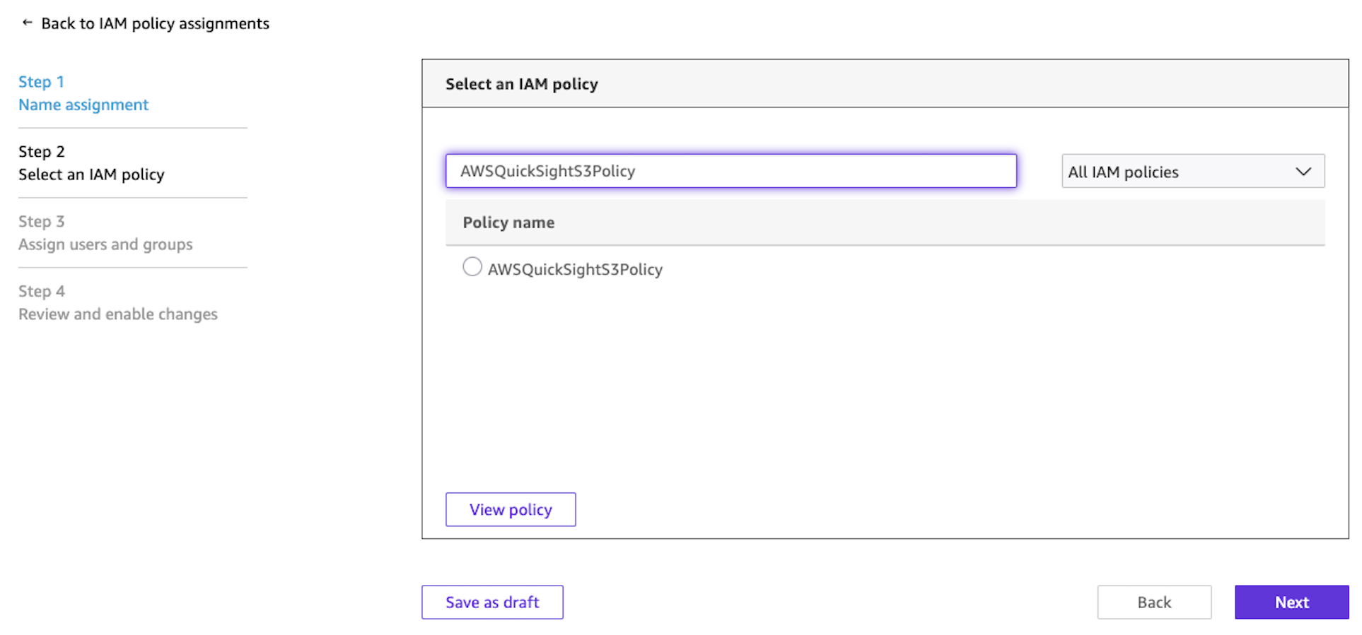Step 2 of the IAM policy assignment wizard showing a search field with "AWSQuickSightS3Policy" entered, a policy selection radio button, a "View policy" link, and navigation buttons for Back, Next, and Save as draft.