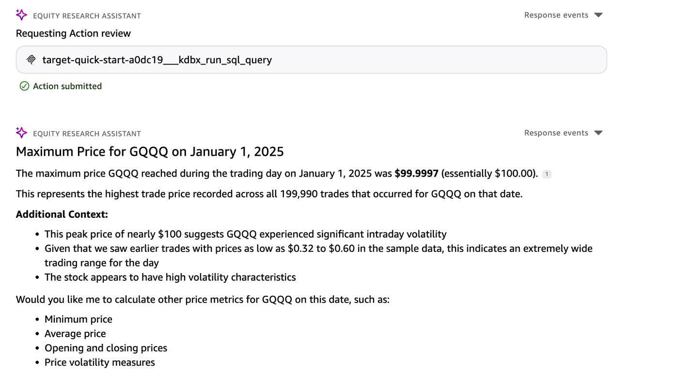 Quick chat agent returning the maximum recorded trade price for a stock during a trading day