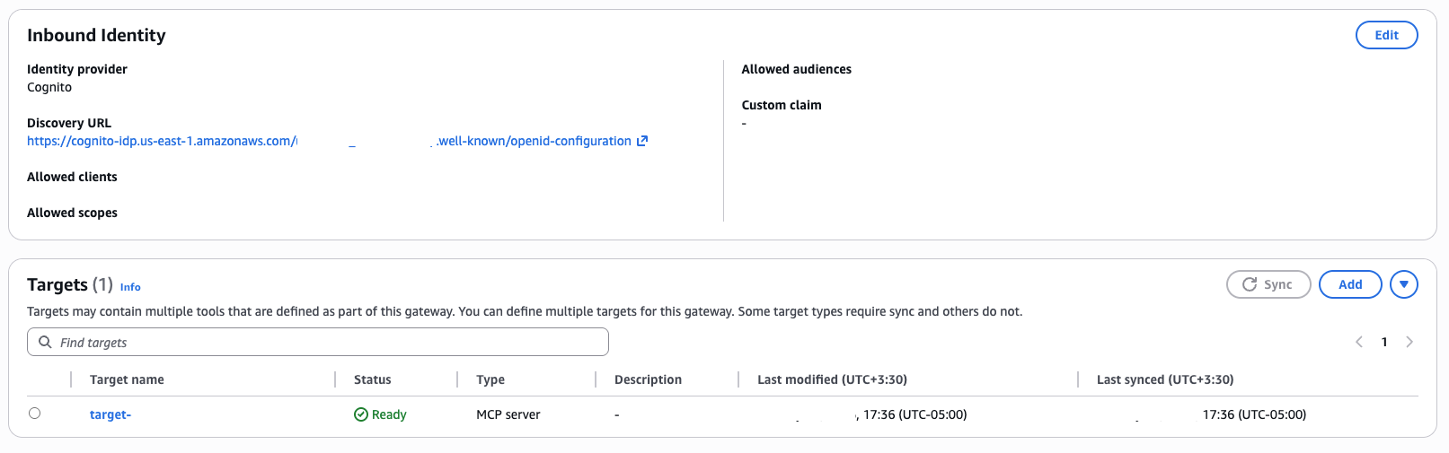 Amazon Bedrock AgentCore Gateway console showing the MCP server target configured with Ready status