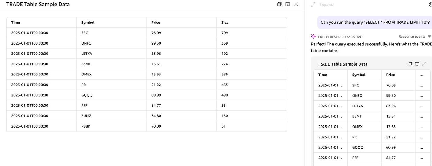 Quick chat agent returning a sample of 10 stock rows retrieved from the KDB-X trade table