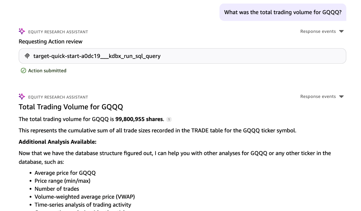 Quick chat agent displaying the aggregated total trading volume returned from the KDB-X database