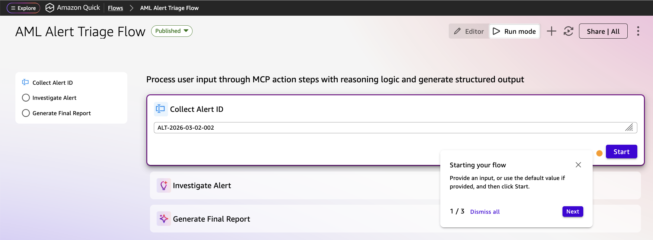 AML Alert Triage Flow input form with a sample alert ID entered and the Start button highlighted