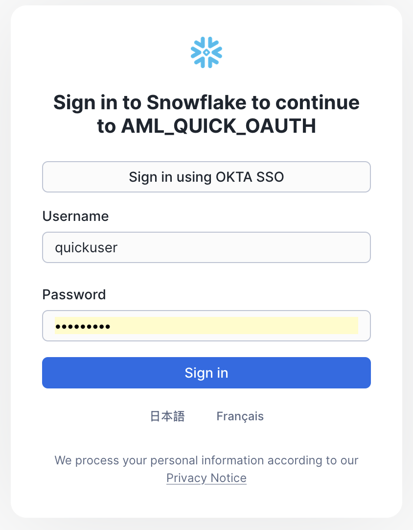 Snowflake sign-in page prompting for user credentials