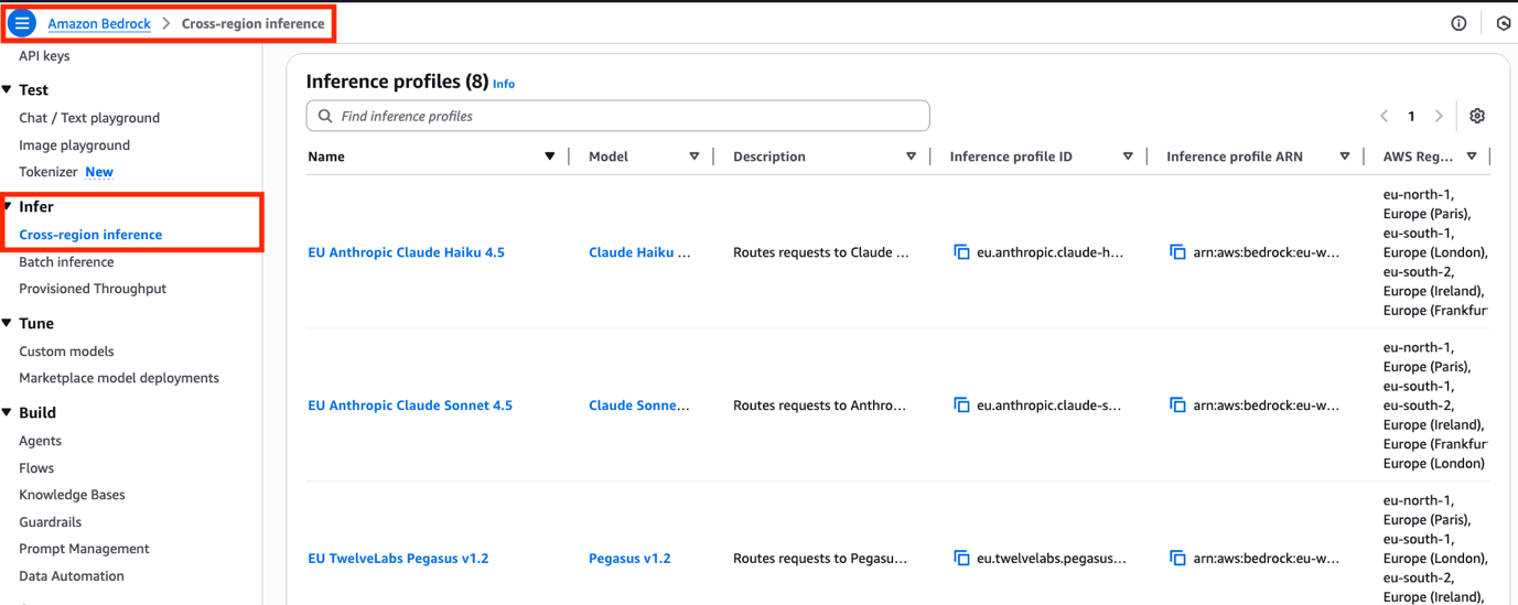 Amazon Bedrock cross-Region Inference — Configure inference profiles to intelligently route AI model requests (Claude Haiku 4.5, Claude Sonnet 4.5, Pegasus v1.2) across multiple European AWS regions for improved latency, availability, and compliance.