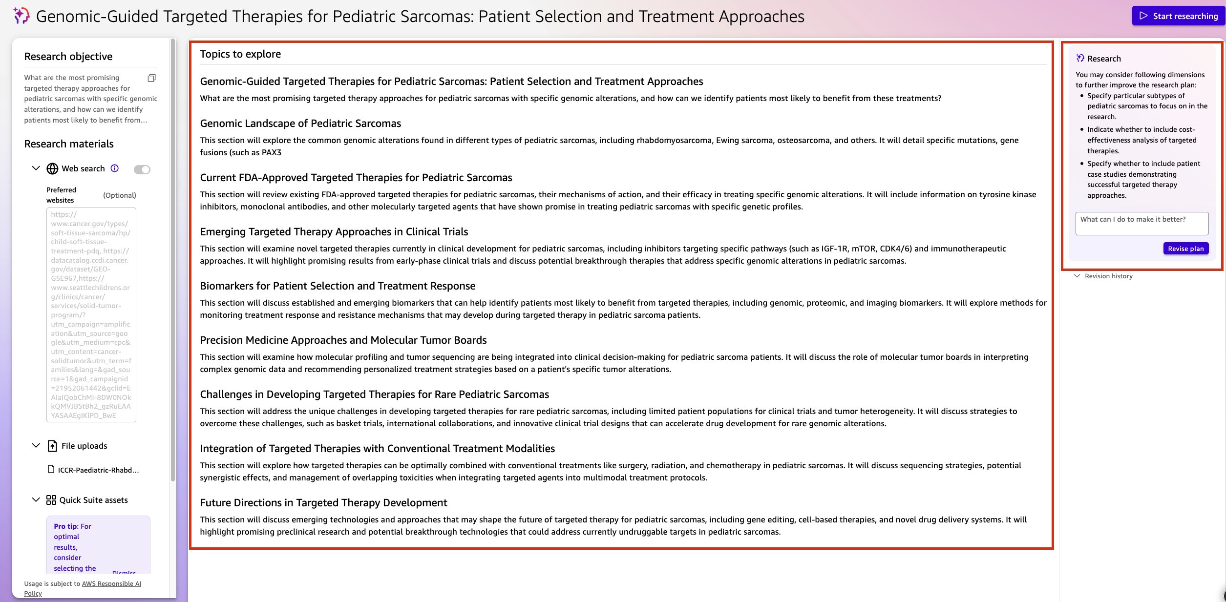 Figure 4 Screenshot of the Topics to explore section showing the AI-generated research plan with topics including Genomic-Guided Targeted Therapies, Genomic Landscape of Pediatric Sarcomas, Current FDA-Approved Targeted Therapies, and other research areas.