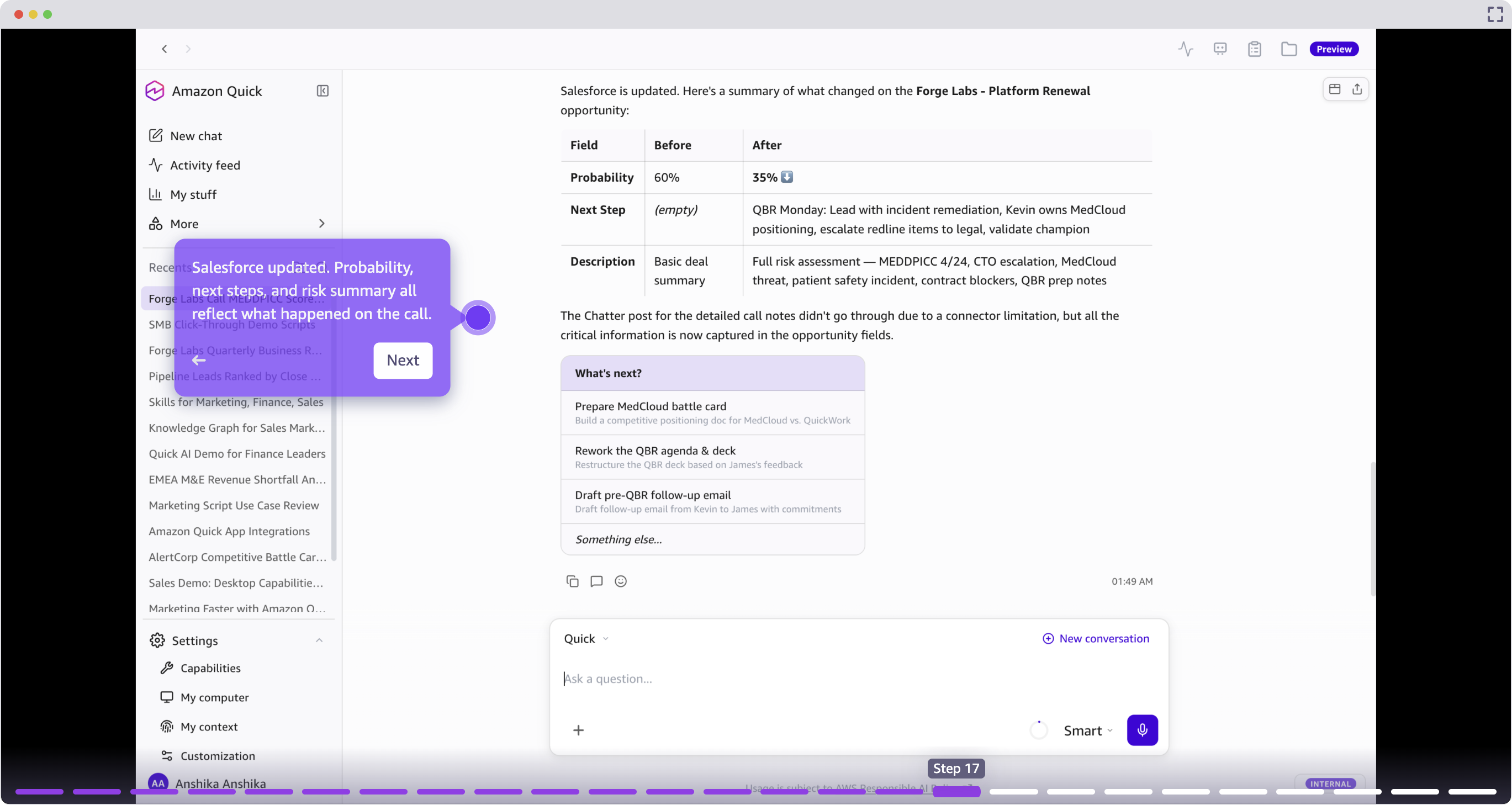 CRM fields updated automatically based on call analysis in Amazon Quick.