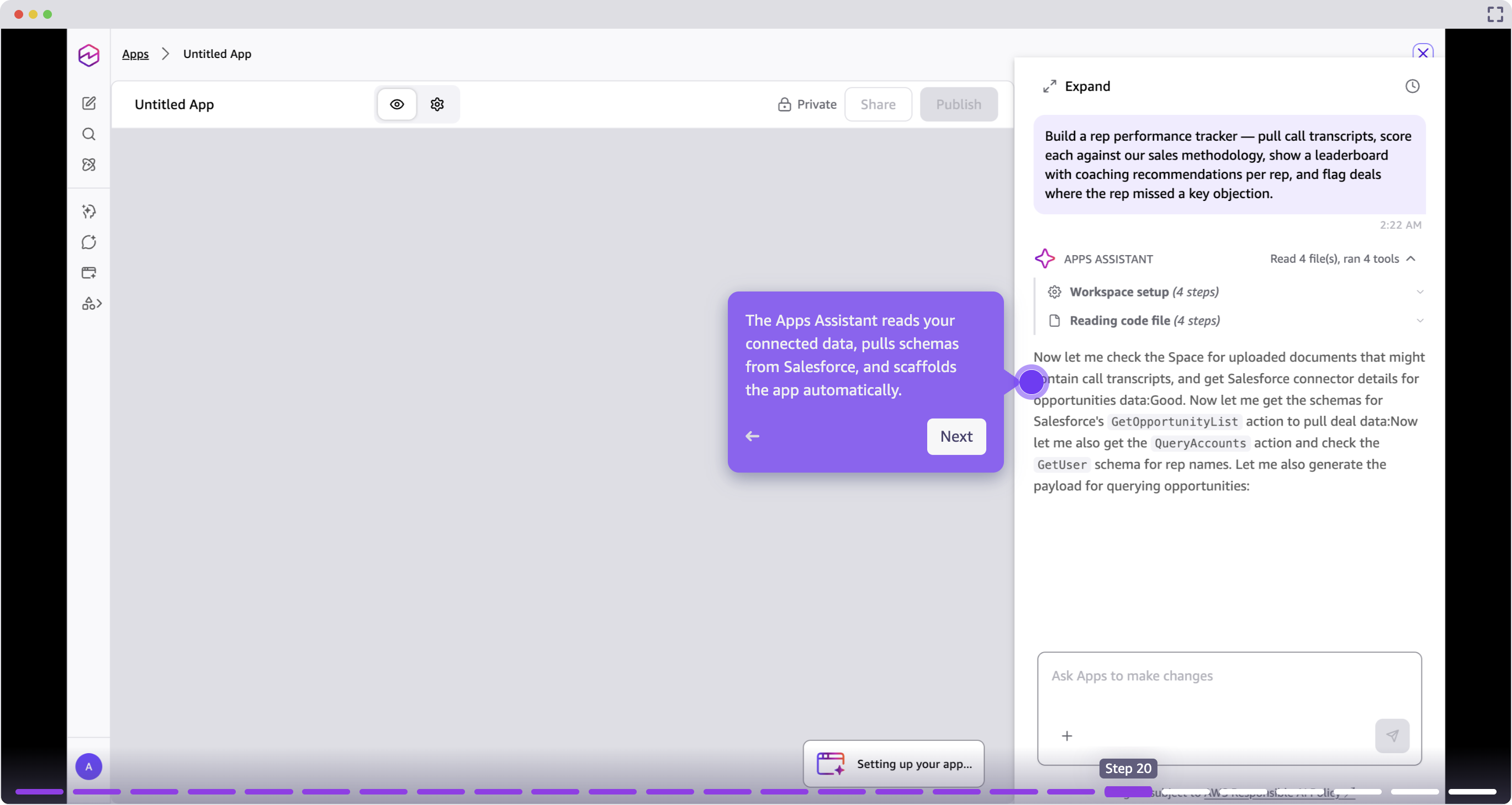 The Applications Assistant in Amazon Quick reads connected data schemas to scaffold the application.