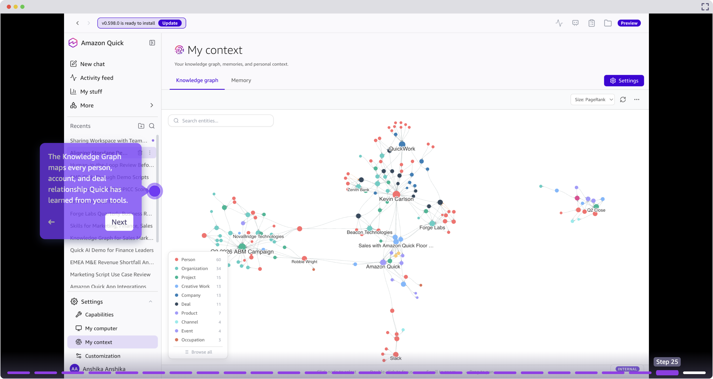 The Knowledge Graph in Amazon Quick visualizing account and relationship data.