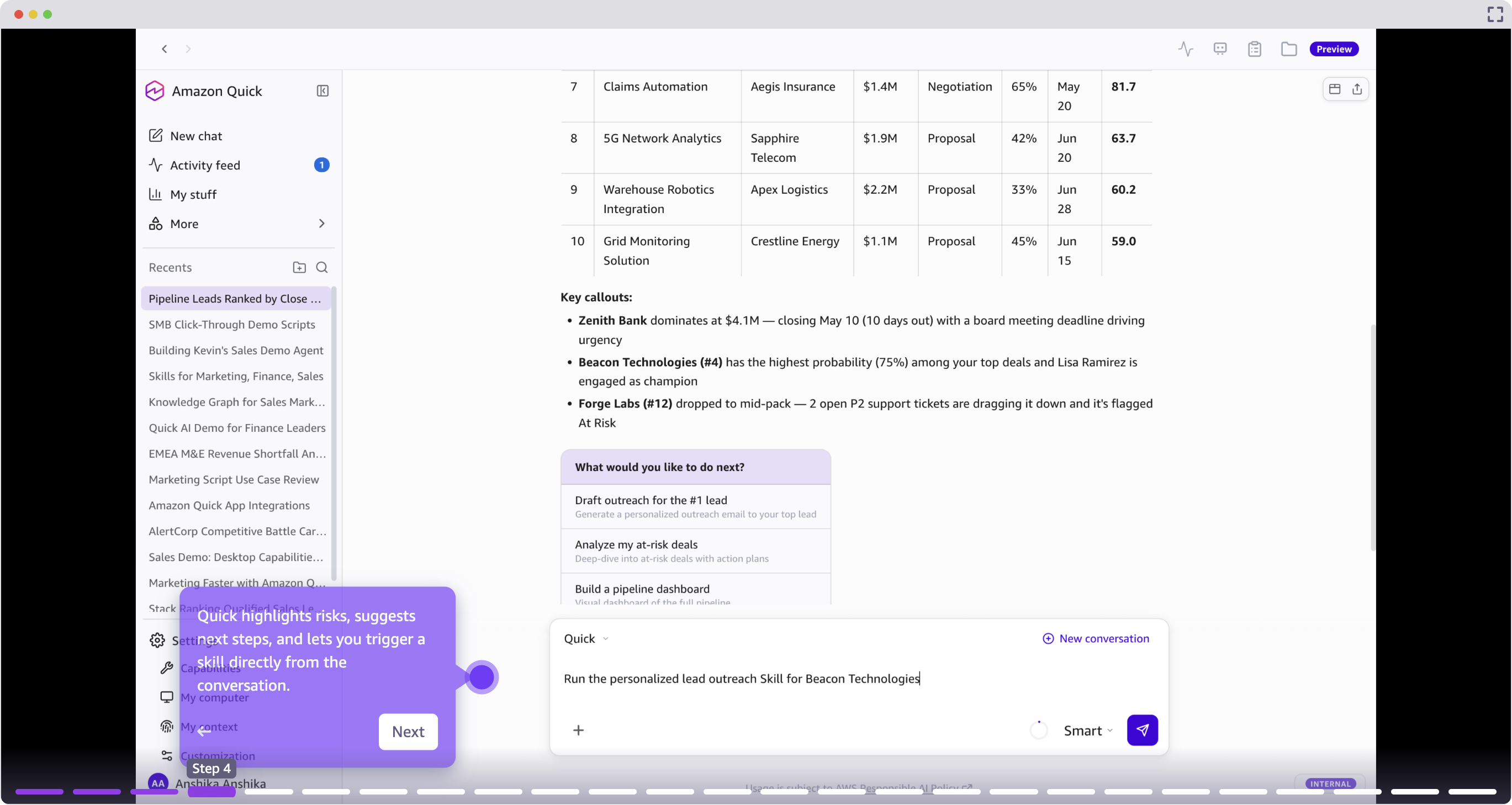 Risk signals and recommended next steps for a specific deal in Amazon Quick.