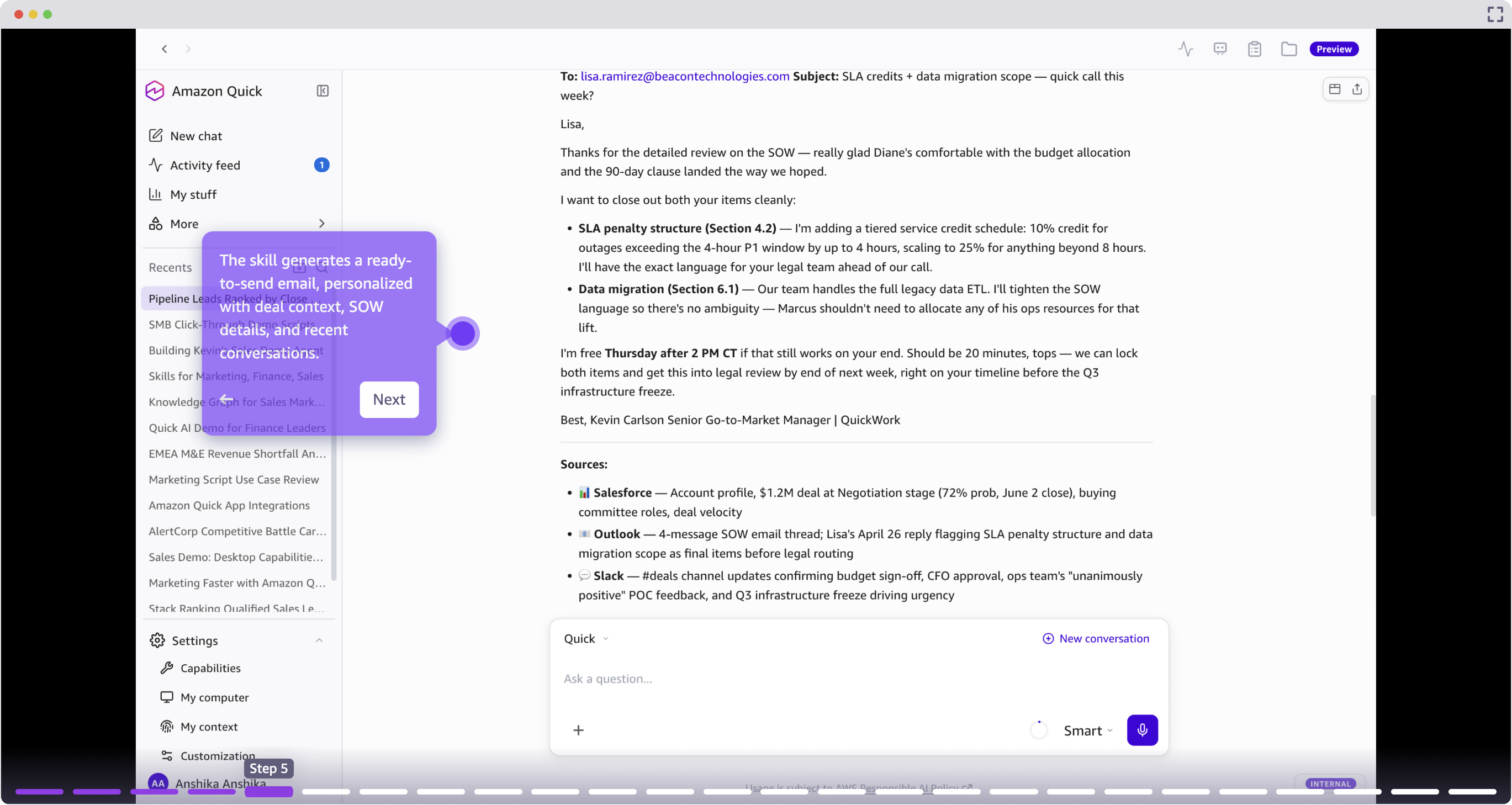 A personalized outreach email generated from deal context and conversation history.