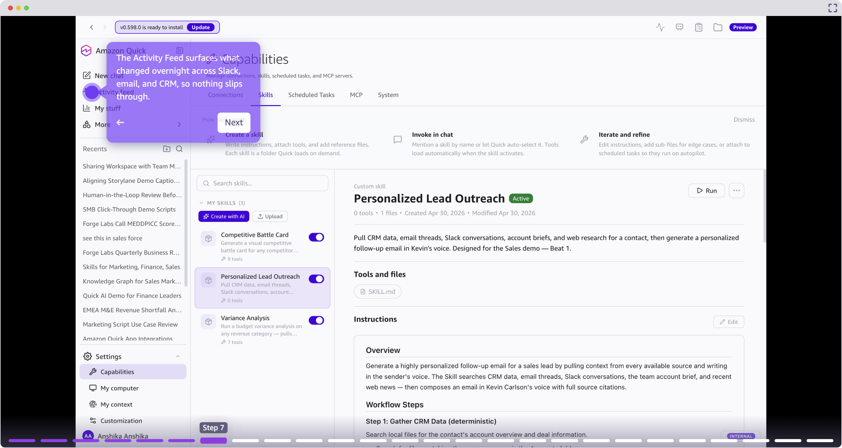 The Activity Feed in Amazon Quick consolidates overnight changes across connected systems.