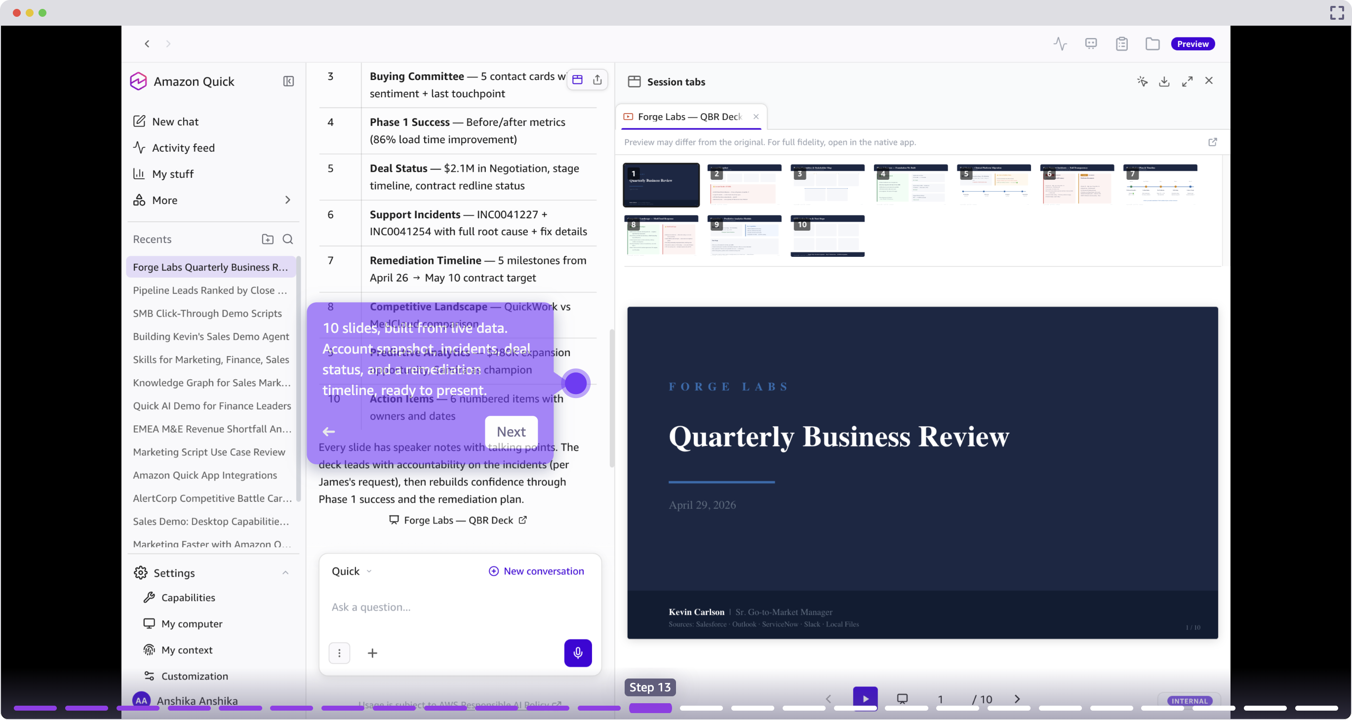 A completed QBR deck built from live data sources in Amazon Quick.