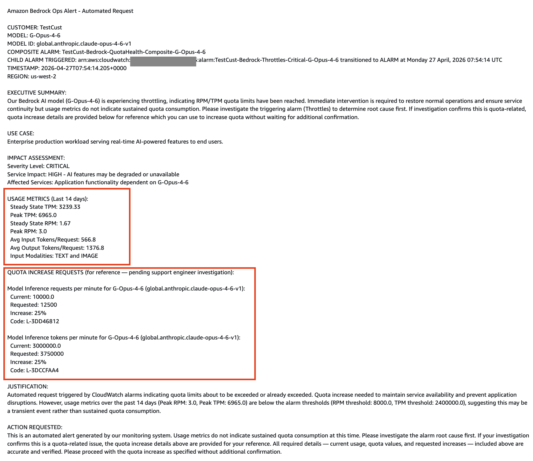 Automated Quota Request support case showing pre-filled usage-validated quota data with RPM and TPM increase request details
