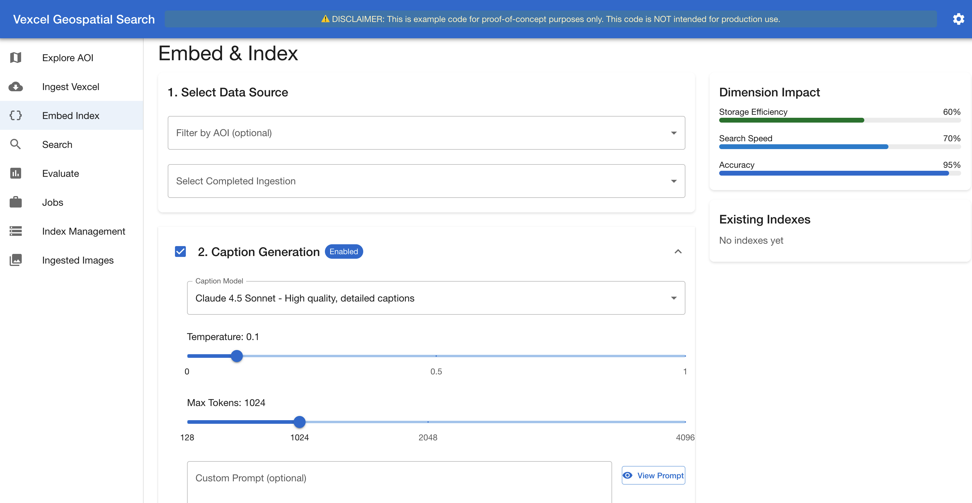 Embed and Index interface showing caption generation controls
