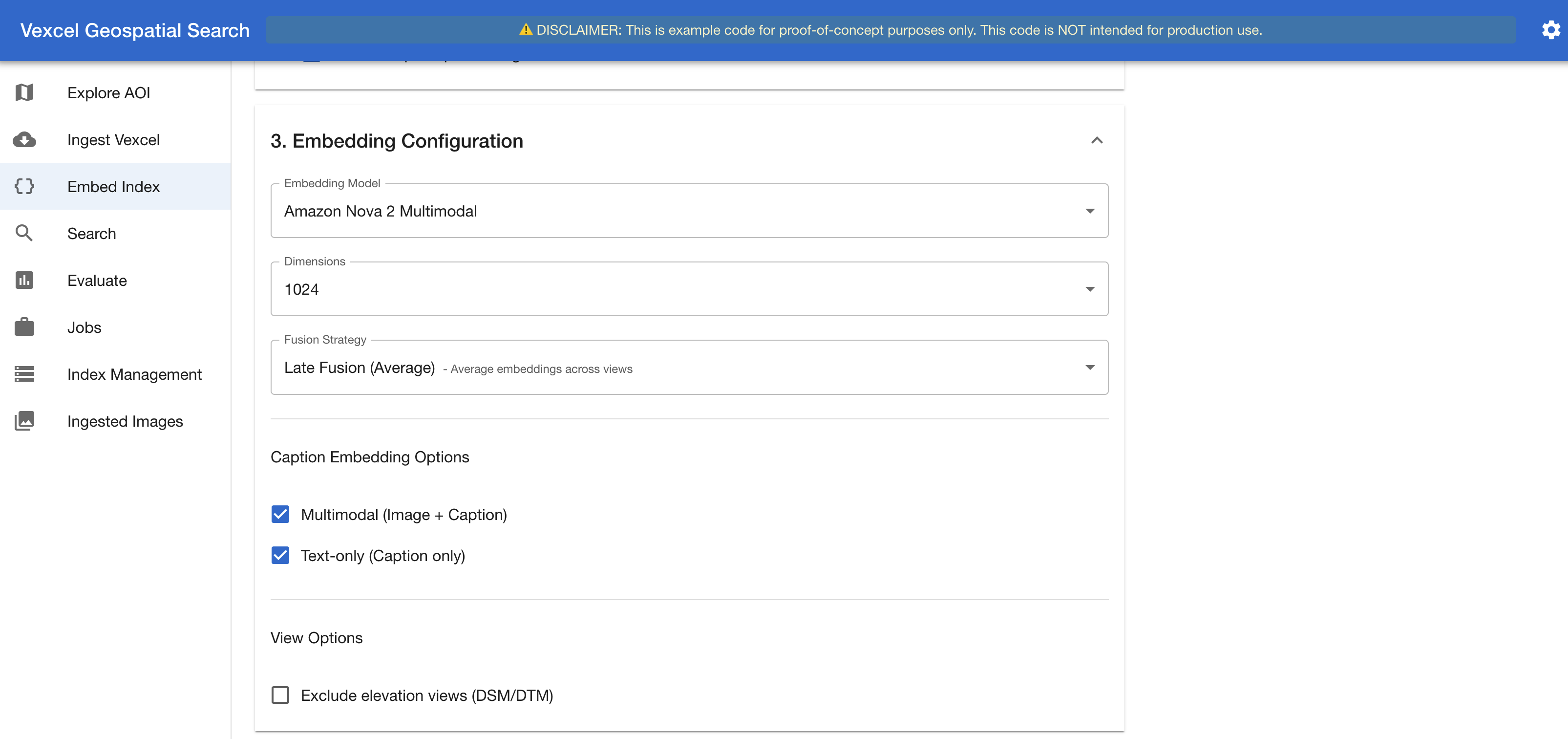 Embed and Index interface showing embedding model and fusion strategy configuration