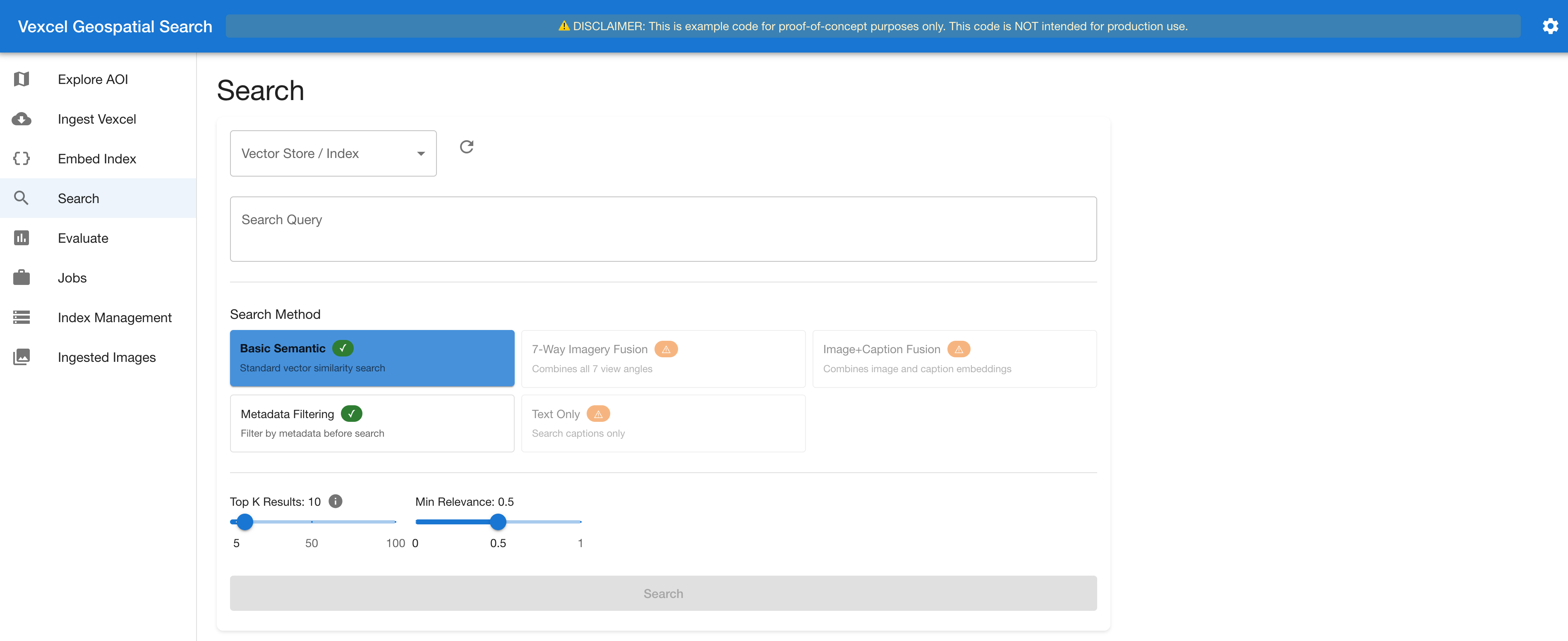 Search interface showing five search methods with availability indicators