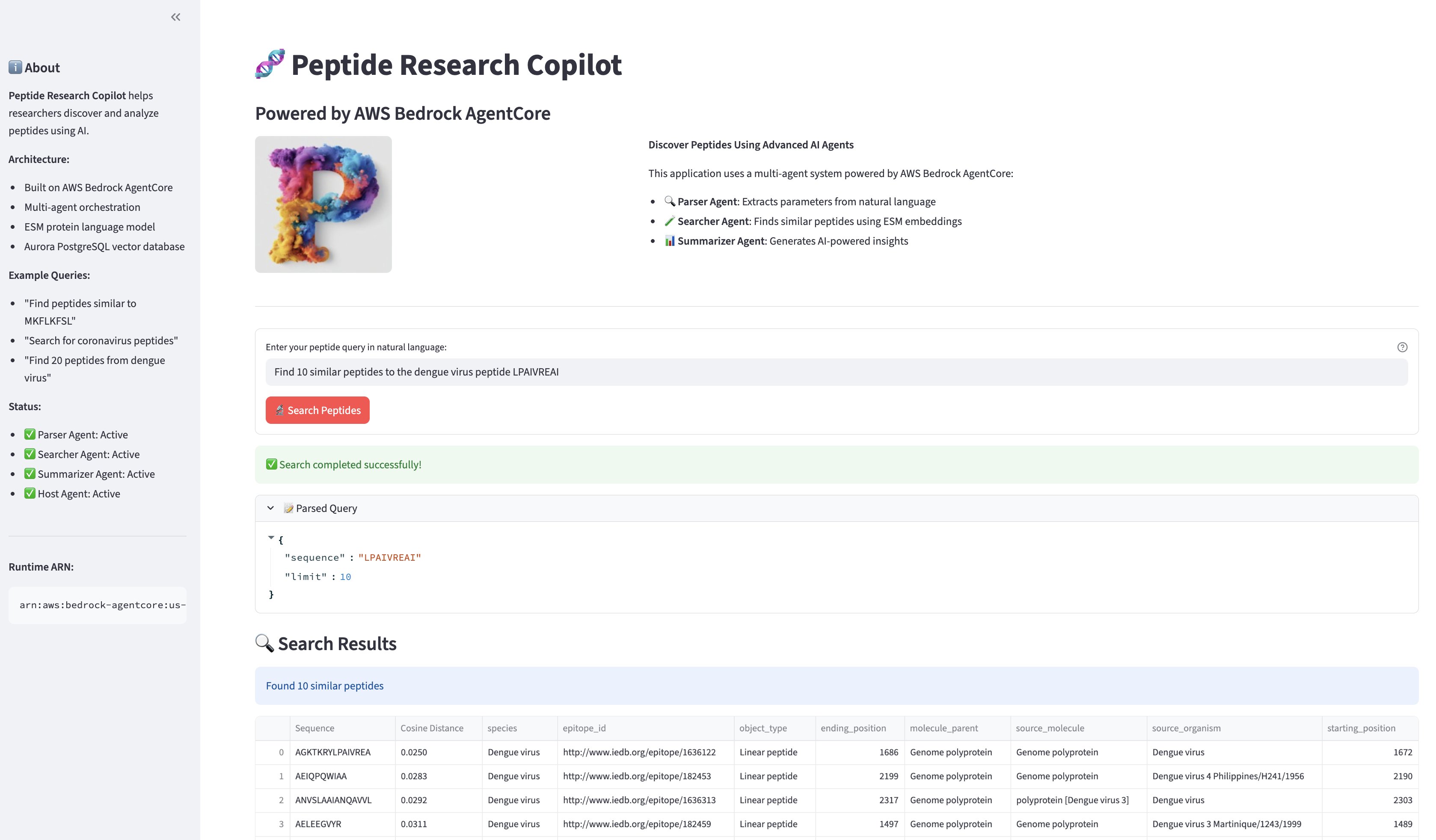 Streamlit frontend showing a peptide similarity search query and results table with cosine distances and metadata