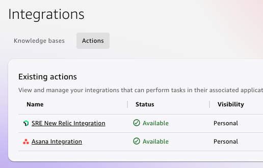 New Relic and Asana integrations listed as Available in the Existing actions panel of the Amazon Quick Integrations console