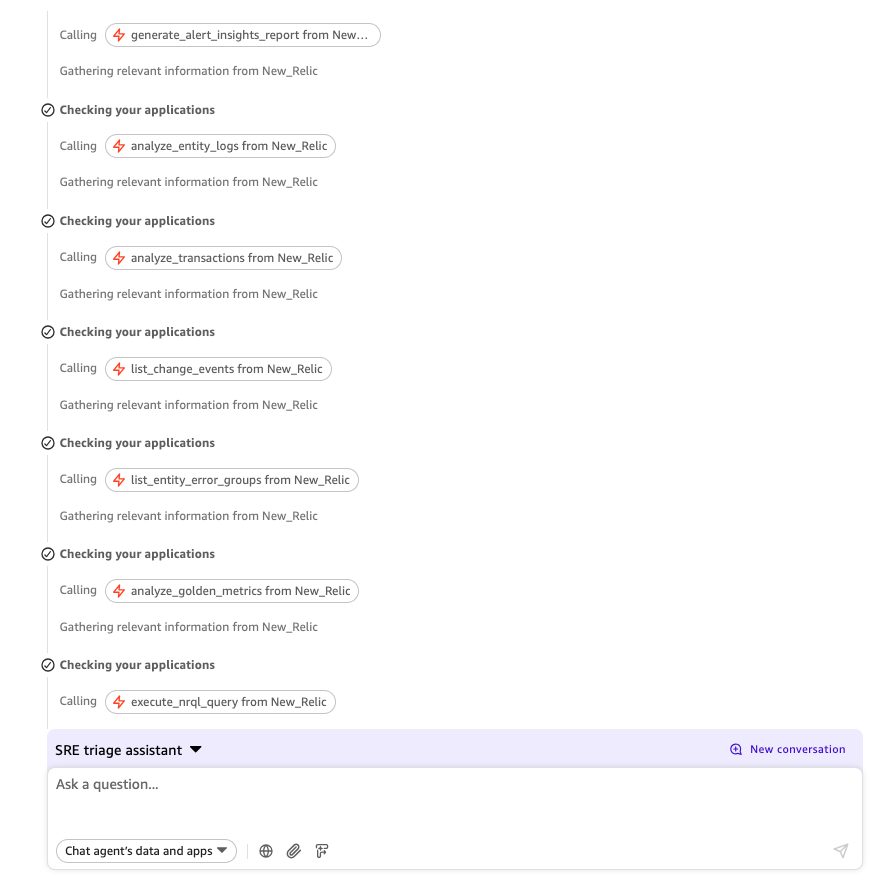 Incident triage agent in Amazon Quick calling New Relic reasoning tools in sequence from a single user prompt