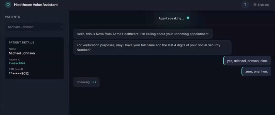 Healthcare Voice Assistant interface during a live patient call