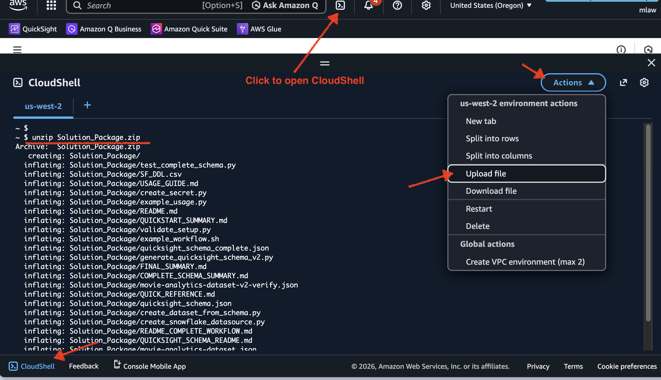 AWS CloudShell Actions menu with the Upload file option highlighted