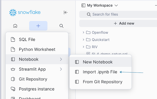 Snowsight + menu showing the Notebook import option