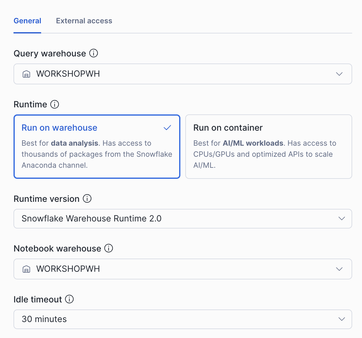 Snowsight Notebook creation dialog with the Run on Warehouse option selected