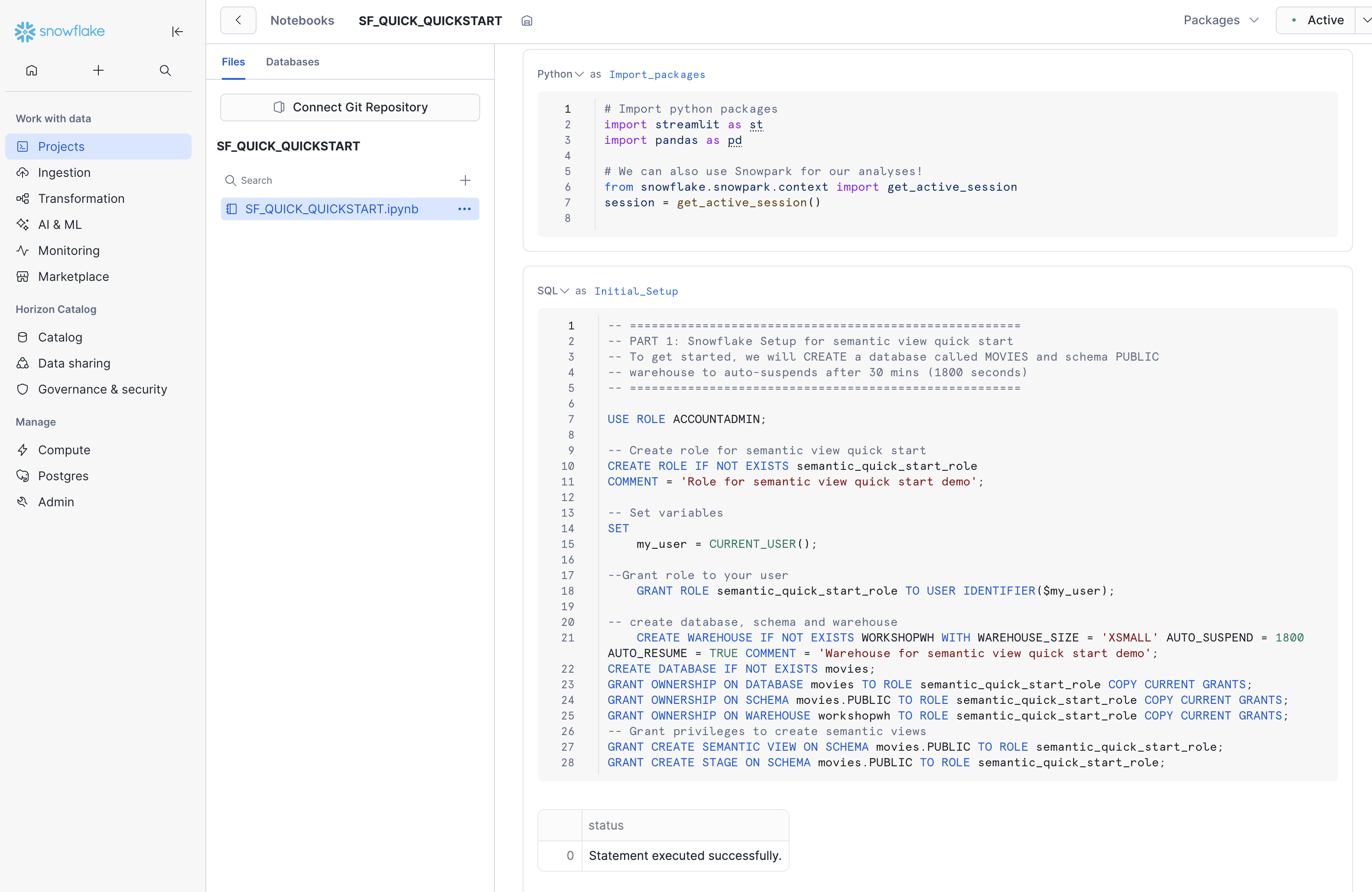 Snowsight notebook with completed cells loading data into the MOVIES database