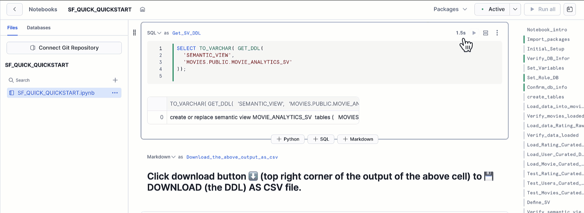 Snowsight cell showing the Download as CSV option for the SF_DDL.csv output