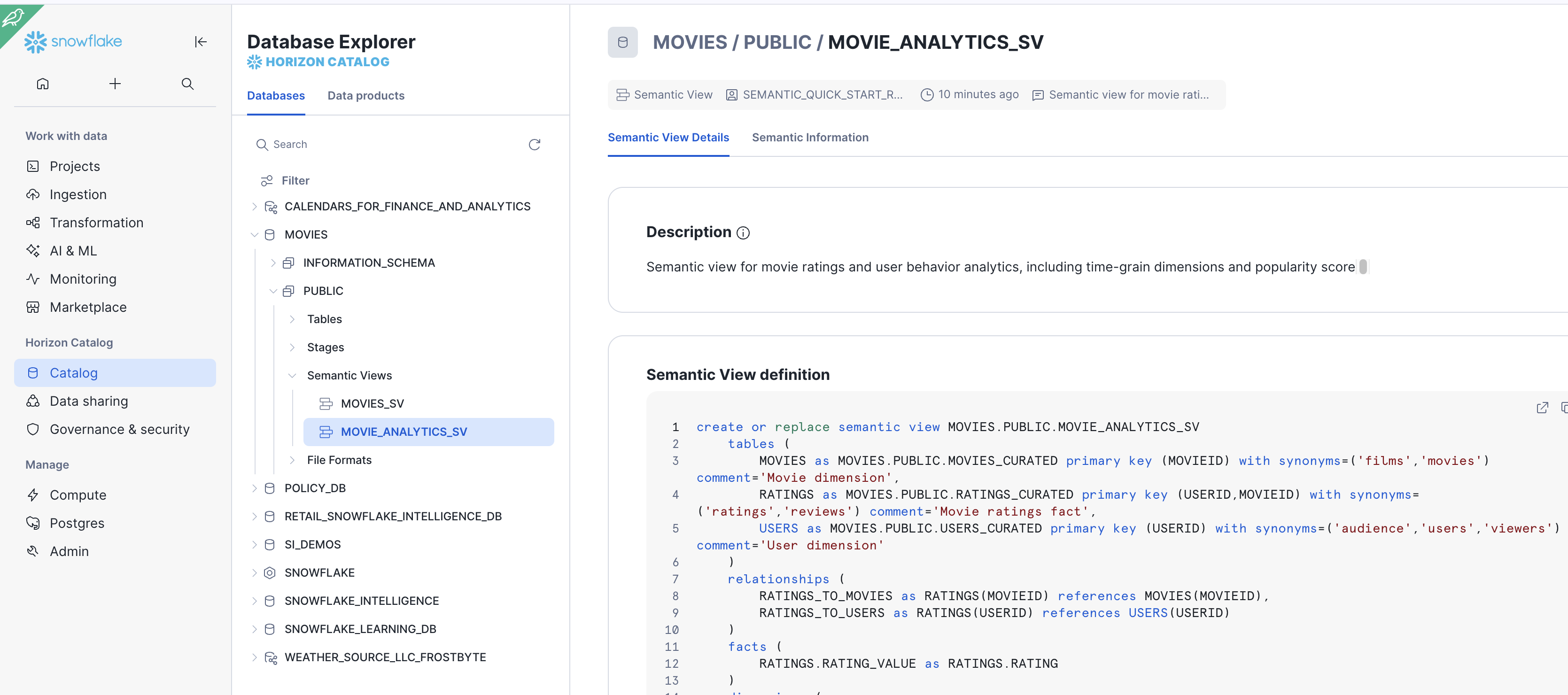Snowsight AI and ML section showing the MOVIES_ANALYST_SV semantic view structure