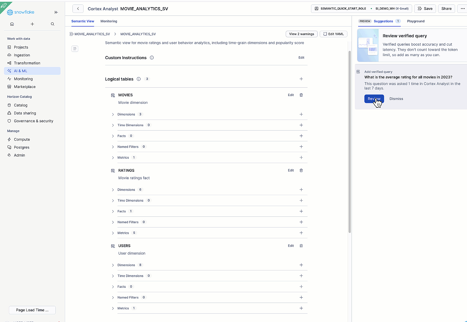Snowsight verified queries panel for Cortex Analyst showing example questions and approved SQL