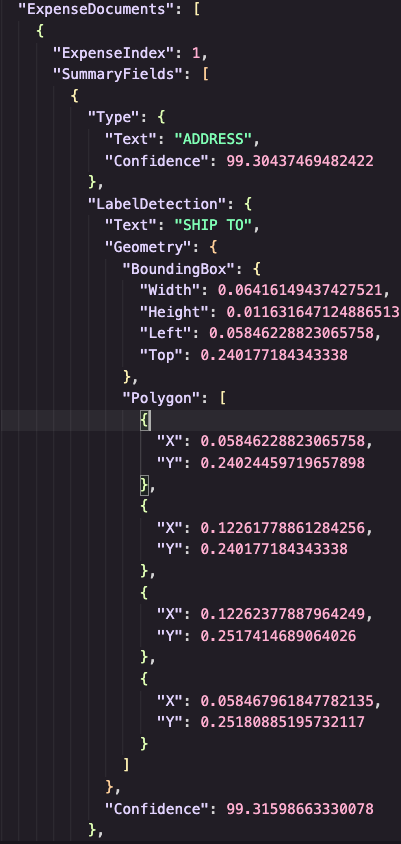Amazon Textract output highlighting detected fields with bounding boxes on the invoice