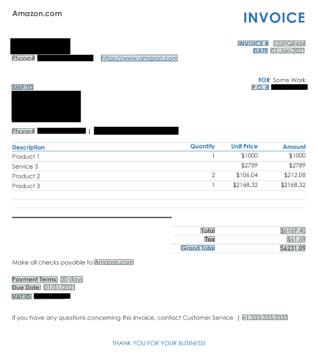 Sample invoice with sensitive fields redacted using black boxes