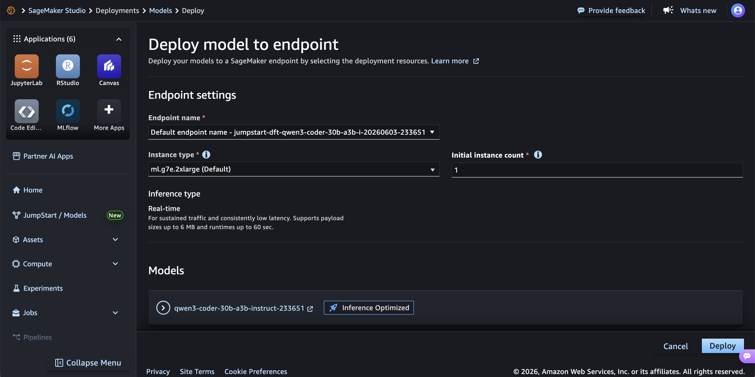 Endpoint deployment configuration page showing instance type, instance count, and inference type settings.