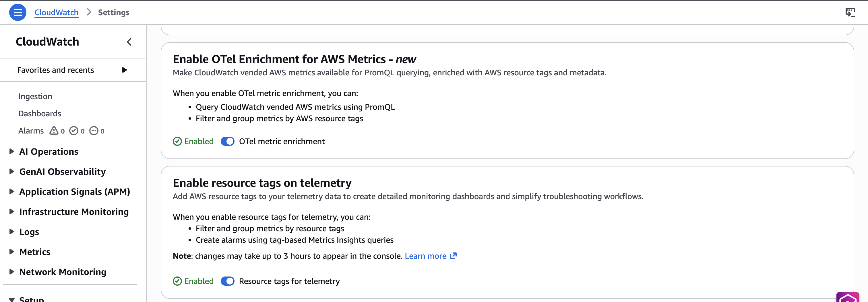 CloudWatch Settings page with OTel metric enrichment and Resource tags for telemetry options selected