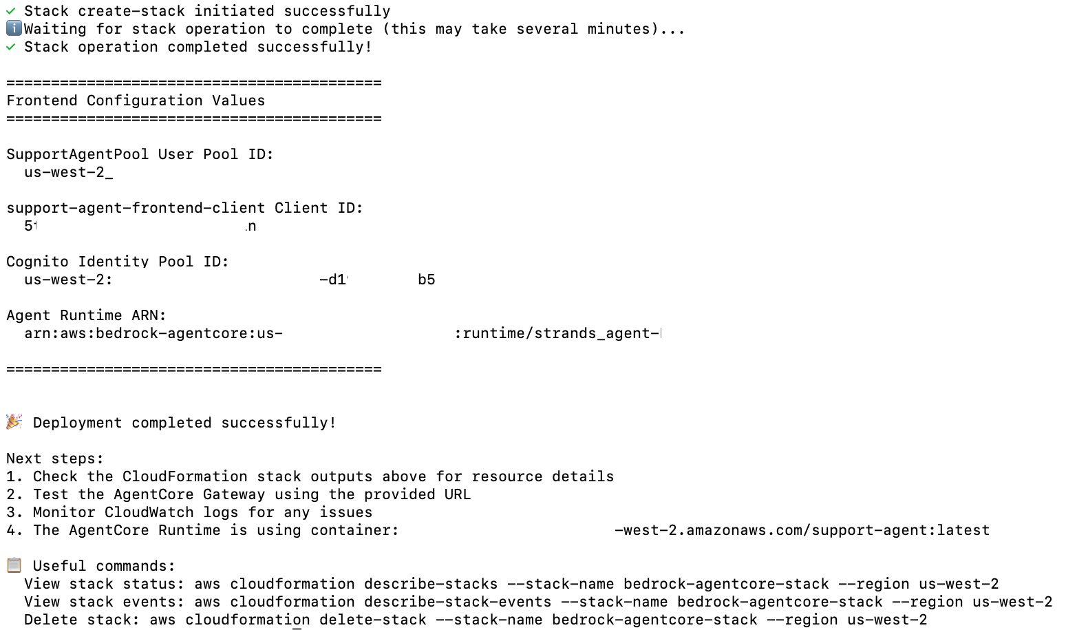Terminal output showing a successful CloudFormation deployment with configuration values